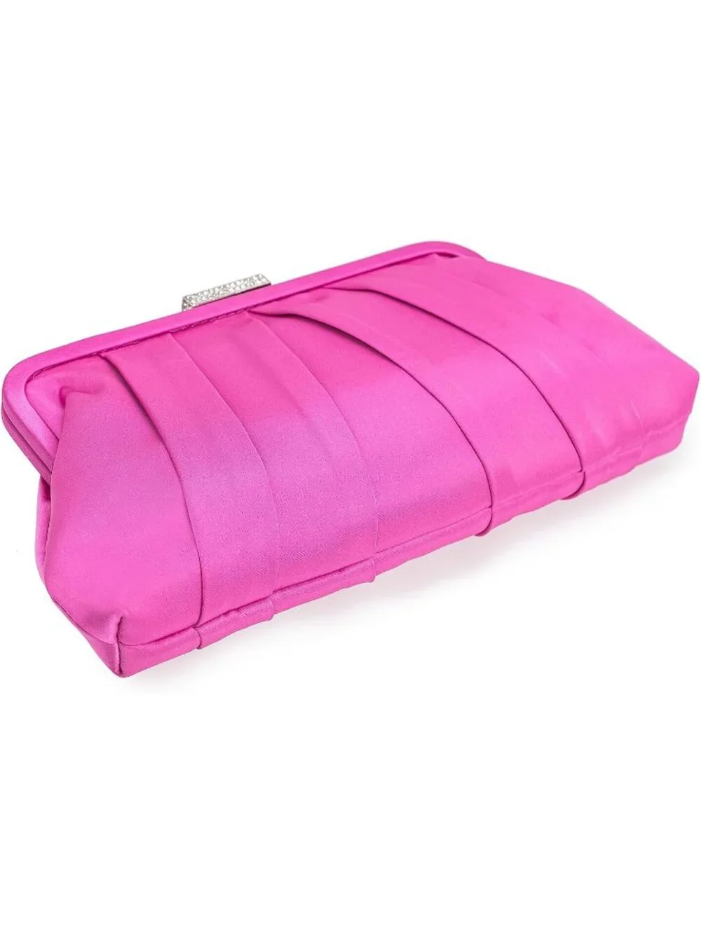Women's Hot Pink Classic Pleated Satin Clutch Purse Diamante Formal Evening Bag